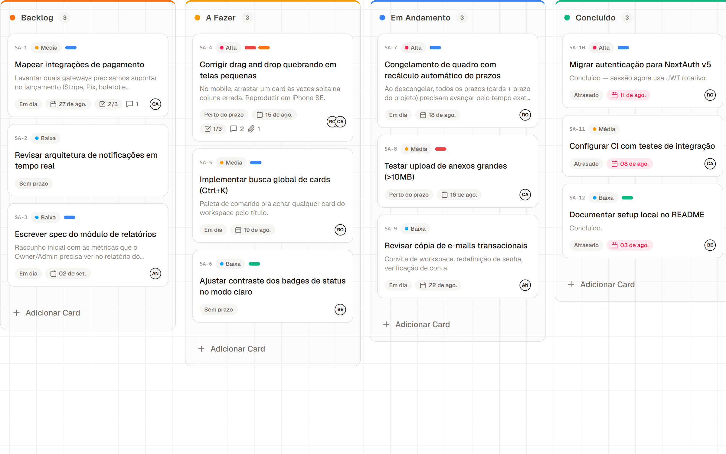 Quadro Kanban do Lignum com colunas e cartões organizados