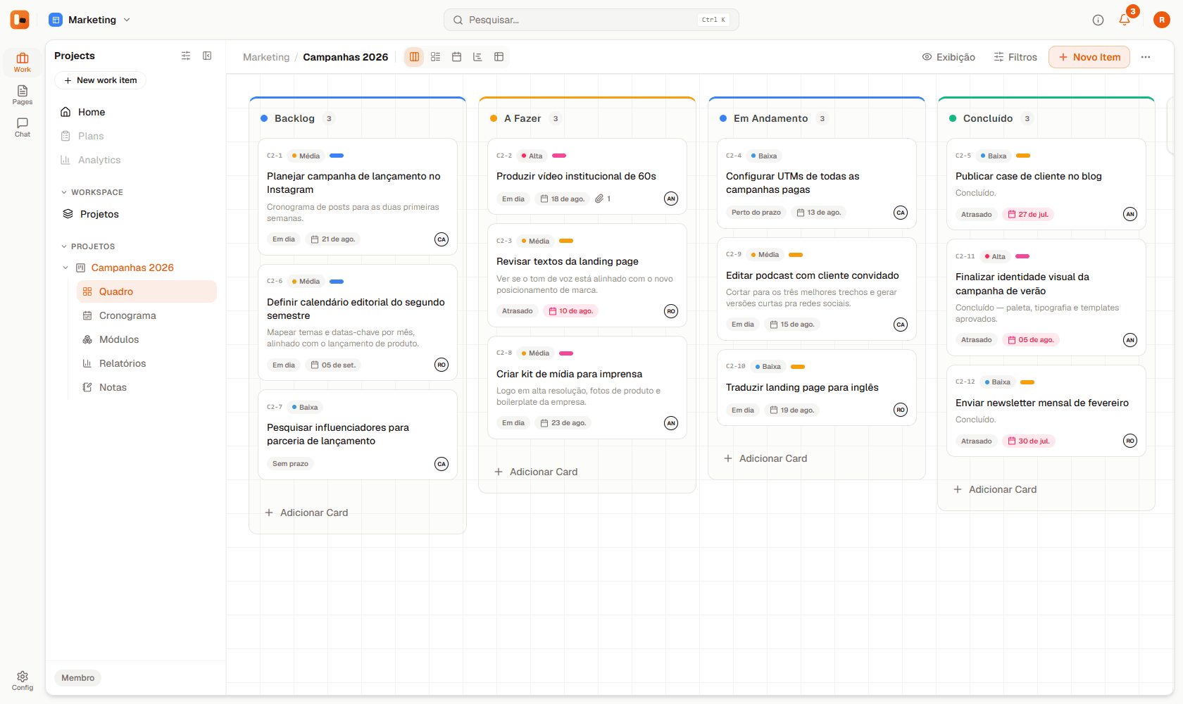 Quadro Kanban do Lignum com colunas e cartões organizados, em tempo real