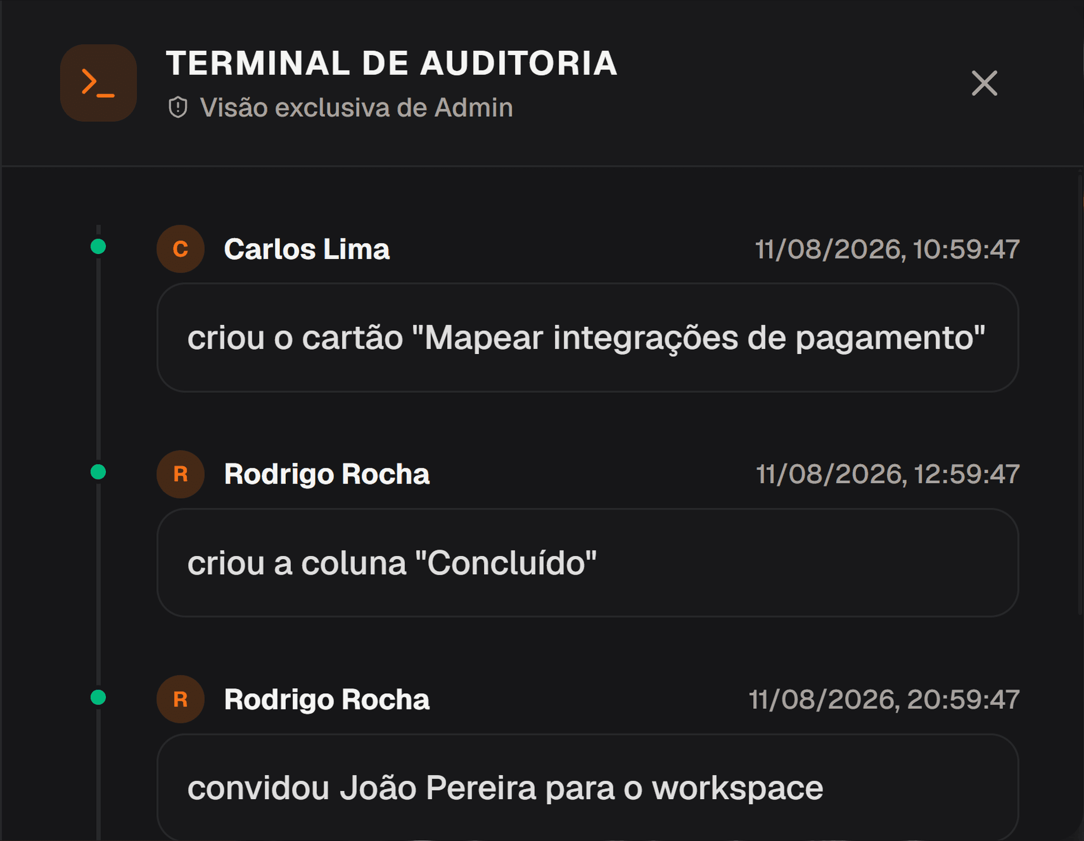 Terminal de auditoria do Lignum mostrando o histórico de ações de um quadro