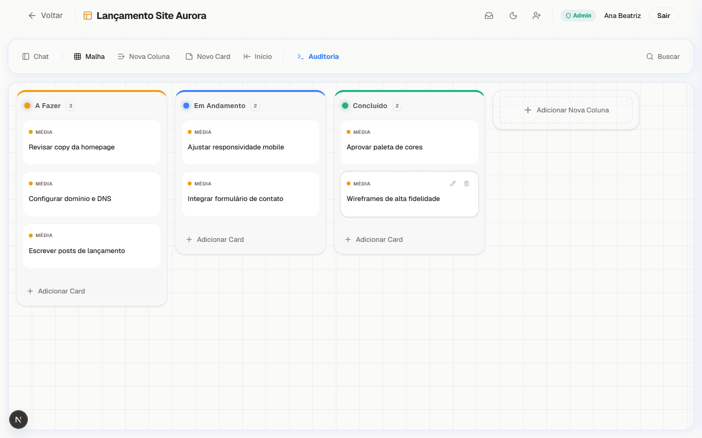 Quadro Kanban do Lignum com três colunas e vários cartões organizados