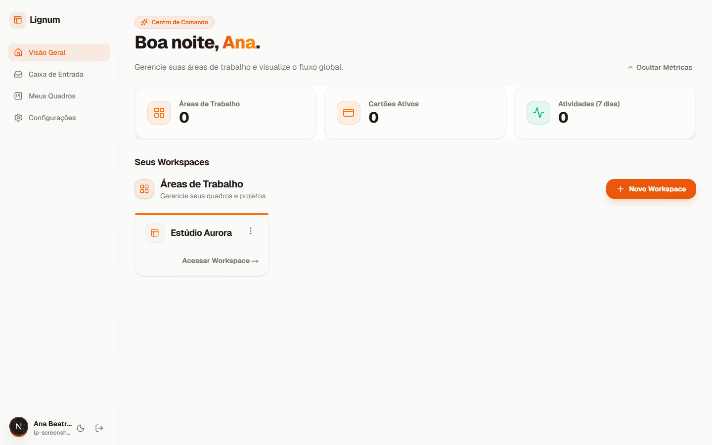 Dashboard do Lignum mostrando workspaces do usuário